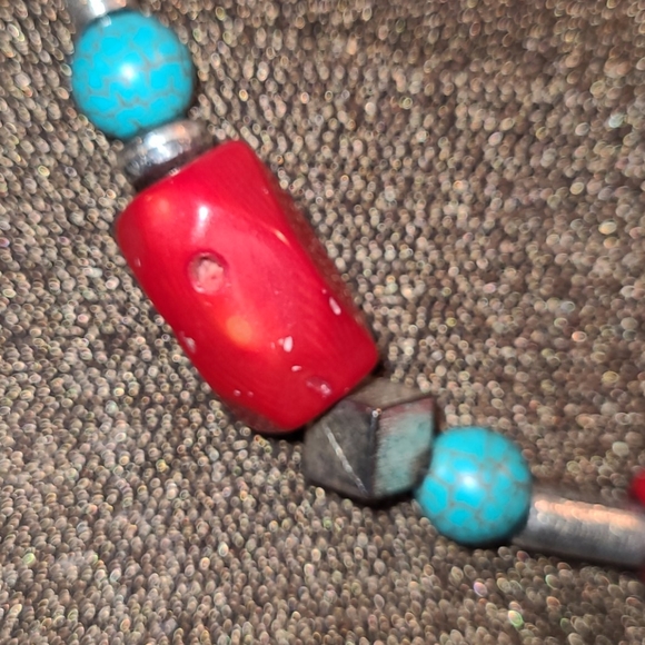 Faux Coral, Turquoise & Silvertone & Bead Necklace - Picture 5 of 9